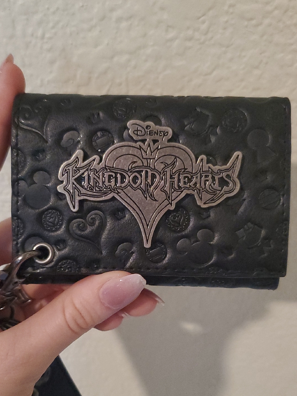 Disney Black Kingdom Hearts Embossed Chain Wallet - Snap Loop & Lobster Claws